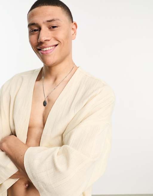 ASOS DESIGN textured linen look kimono in oatmeal, 3 of 4