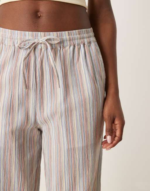 ASOS DESIGN textured linen look wide leg pull on pants in multi stripe, 4 of 5