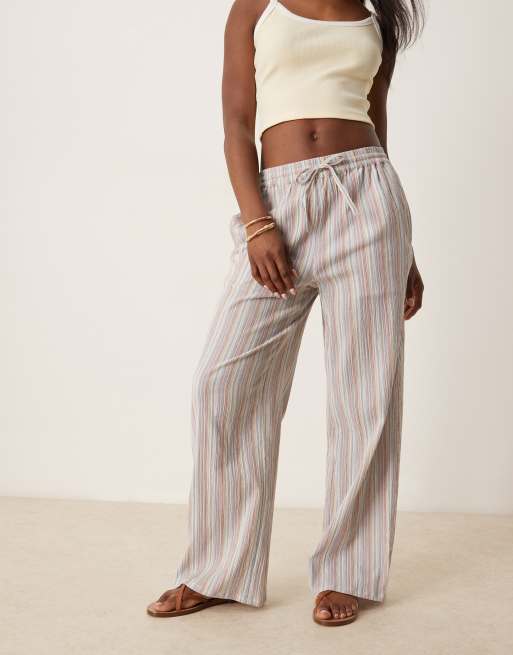 ASOS DESIGN textured linen look wide leg pull on trousers in multi stripe, 2 of 5