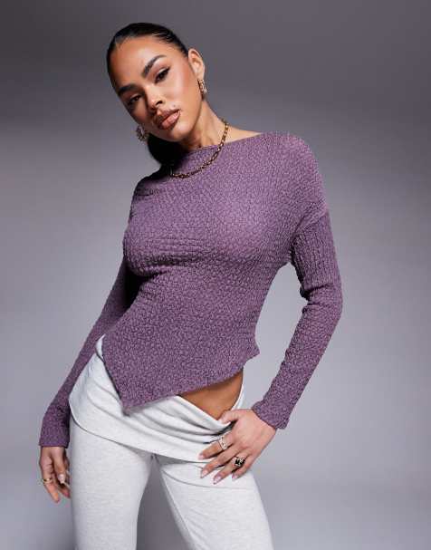 ASOS DESIGN textured long sleeve asymmetric hem fallen shoulder top in lilac - view 1