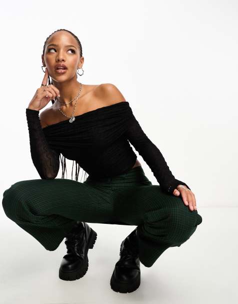 ASOS DESIGN textured long sleeve bardot top in black - view 1