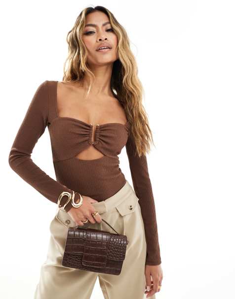 Brown Bodysuits, Long-Sleeve Tan & Dark Brown Bodysuits