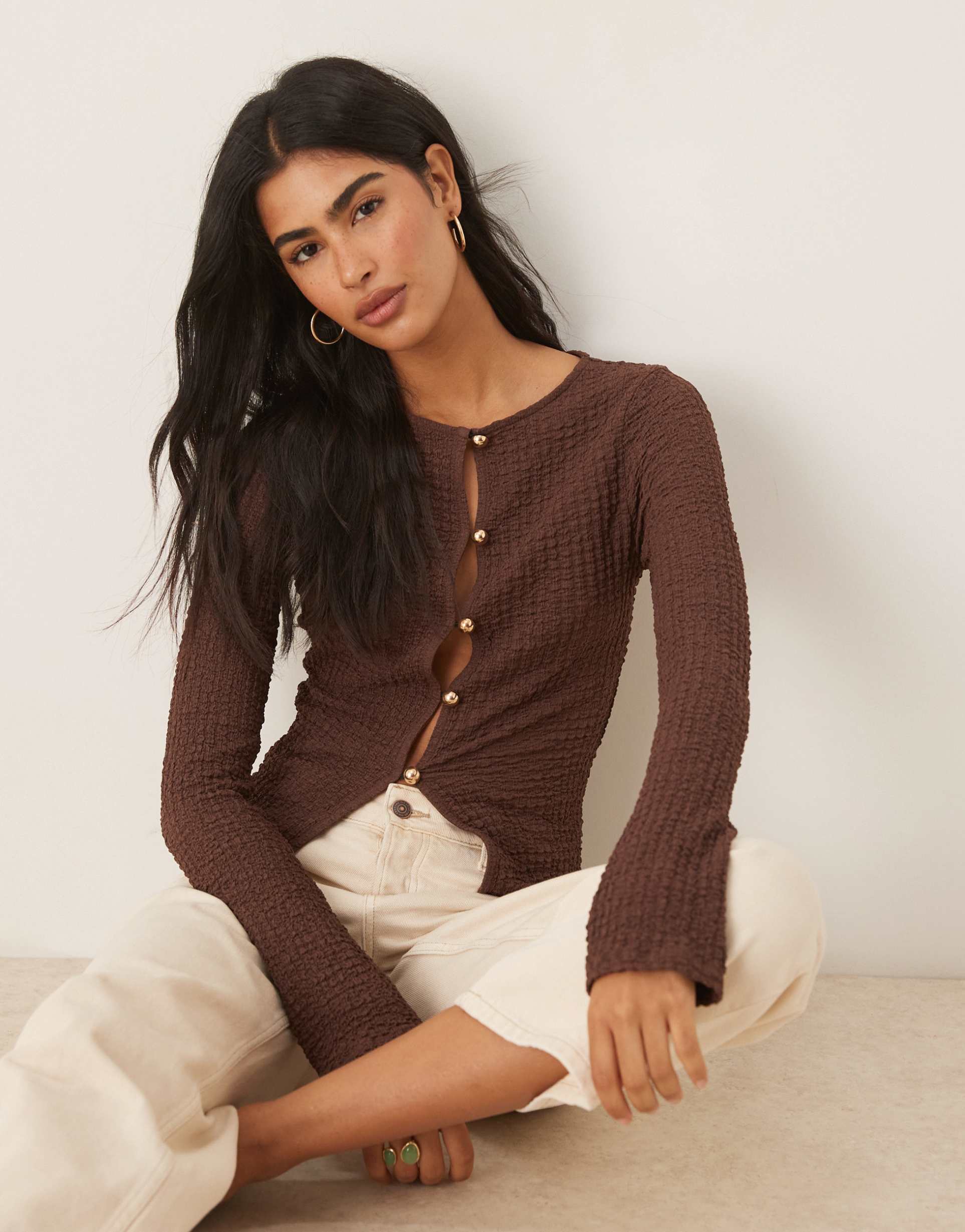 asos design textured long sleeve button detail top in chocolate