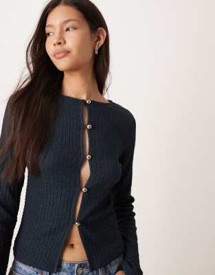 Asos Design Textured Long Sleeve Button Detail Top In Blue
