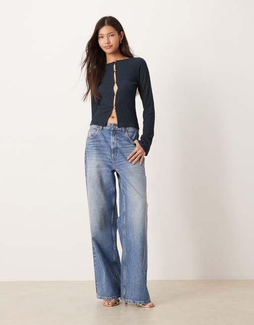 ASOS DESIGN textured long sleeve button detail top in navy, 3 of 4