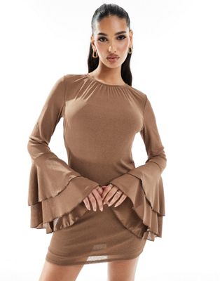 ASOS DESIGN textured long sleeve frill cuff mini dress in brown