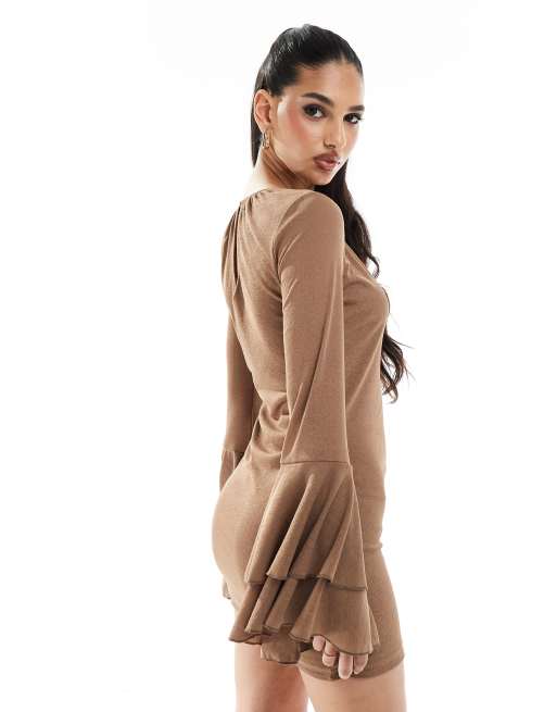 ASOS DESIGN textured long sleeve frill cuff mini dress in brown | ASOS