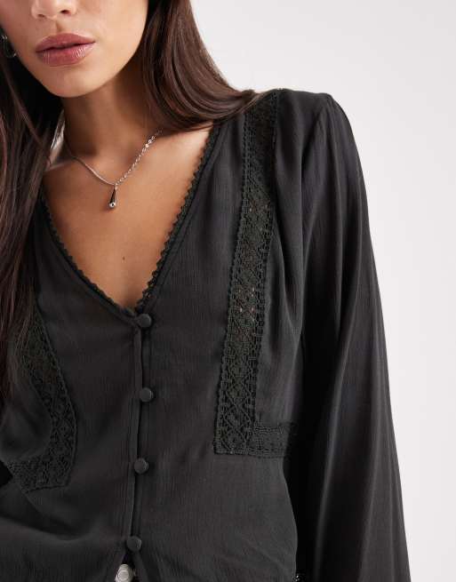 ASOS DESIGN textured long sleeve lace insert blouse in black, 4 of 4