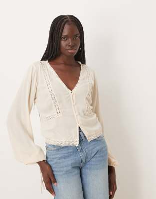 Asos Design Textured Long Sleeve Lace Insert Blouse In Neutral