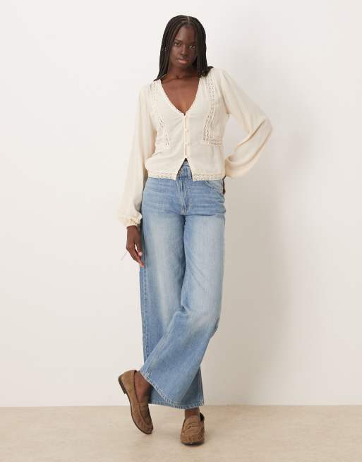 ASOS DESIGN textured long sleeve lace insert blouse in stone, 2 of 4