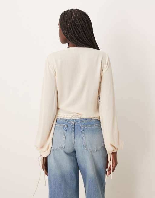 ASOS DESIGN textured long sleeve lace insert blouse in stone, 3 of 4