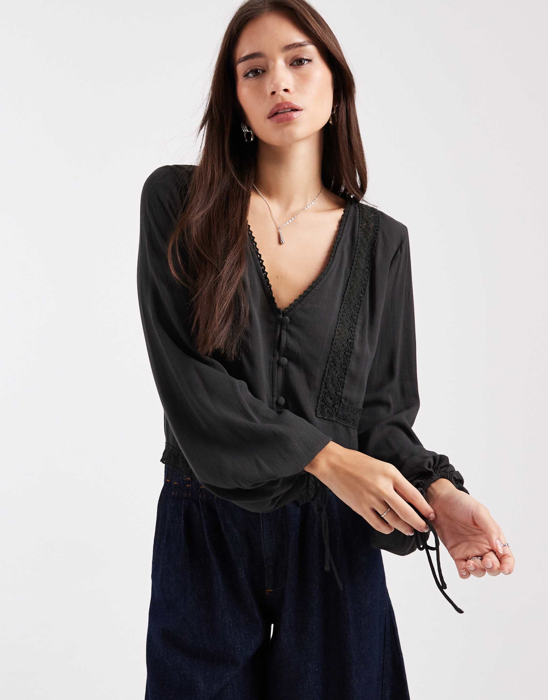 asos design textured long sleeve lace inserts blouse in black
