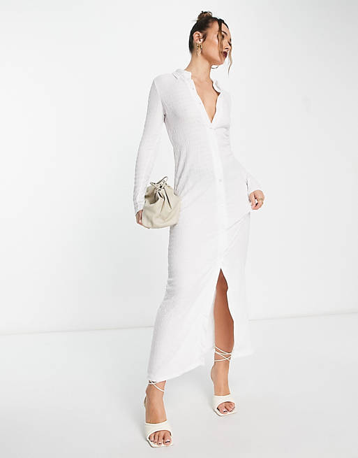 ASOS DESIGN textured long sleeve maxi shirt dress in white | ASOS