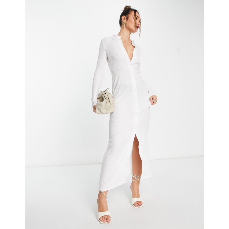 ASOS DESIGN textured long sleeve maxi shirt dress in white