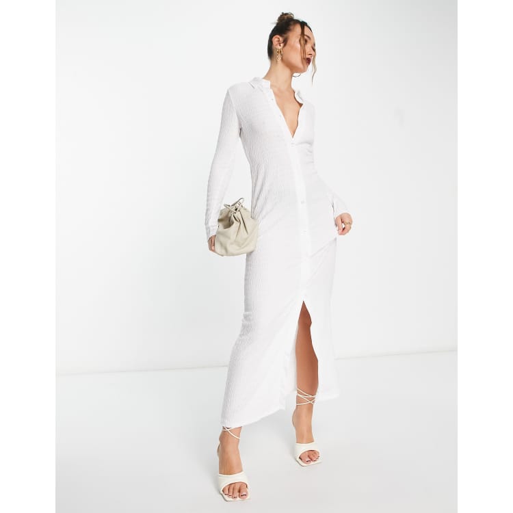 ASOS DESIGN textured long sleeve maxi shirt dress in white