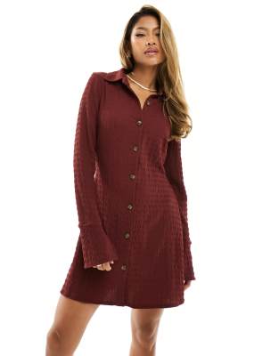 Button-Front Short Sleeve Textured Dress