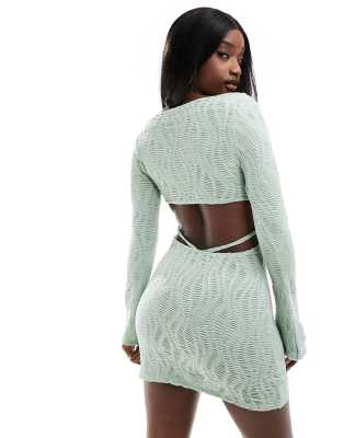 Asos Design Textured Long Sleeve Mini Dress With Open Back And Strap Detail In Sage Green