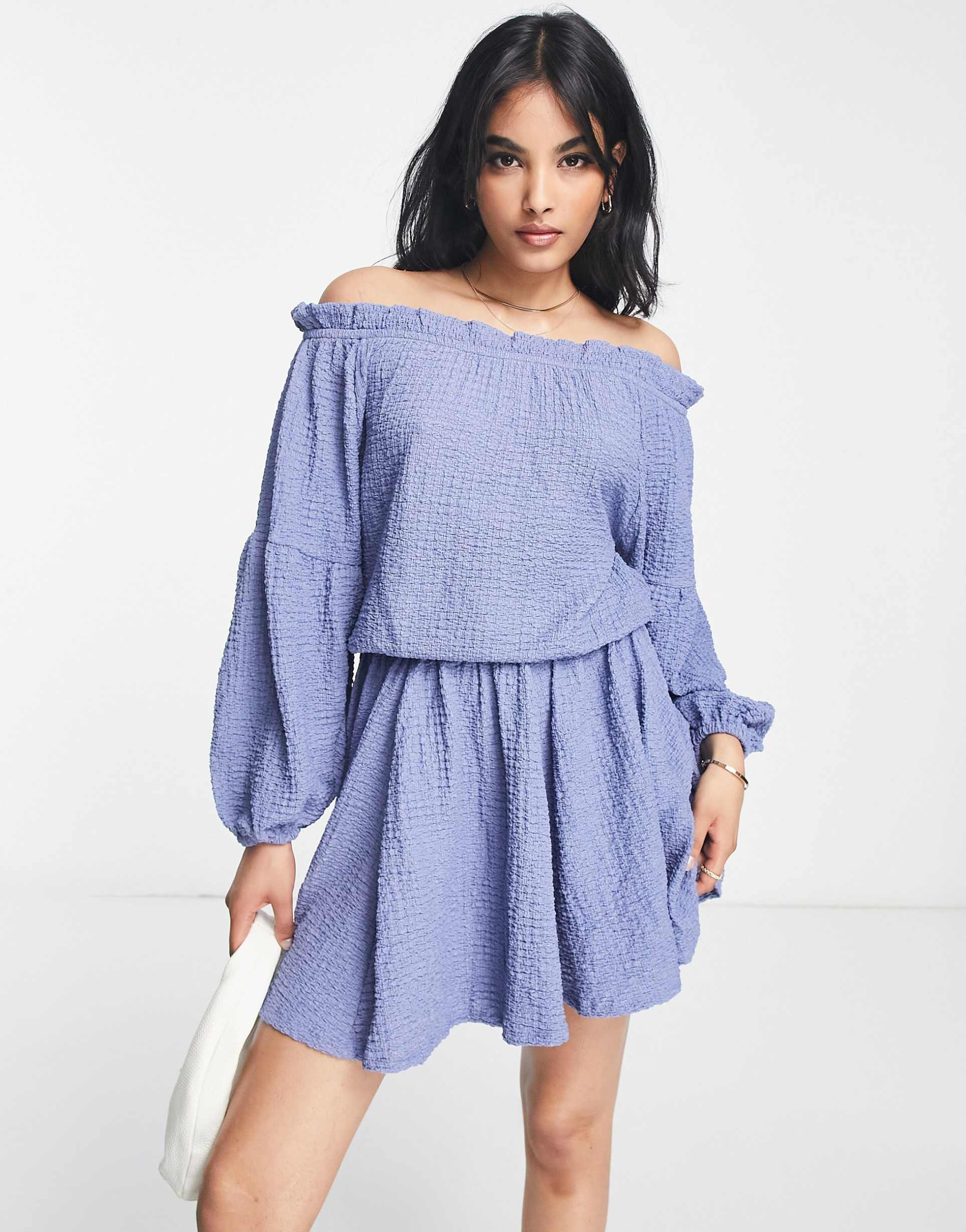 asos design textured long sleeve off the shoulder mini dress in blue