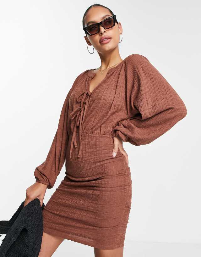 ASOS DESIGN textured long sleeve tie detail mini dress in brown