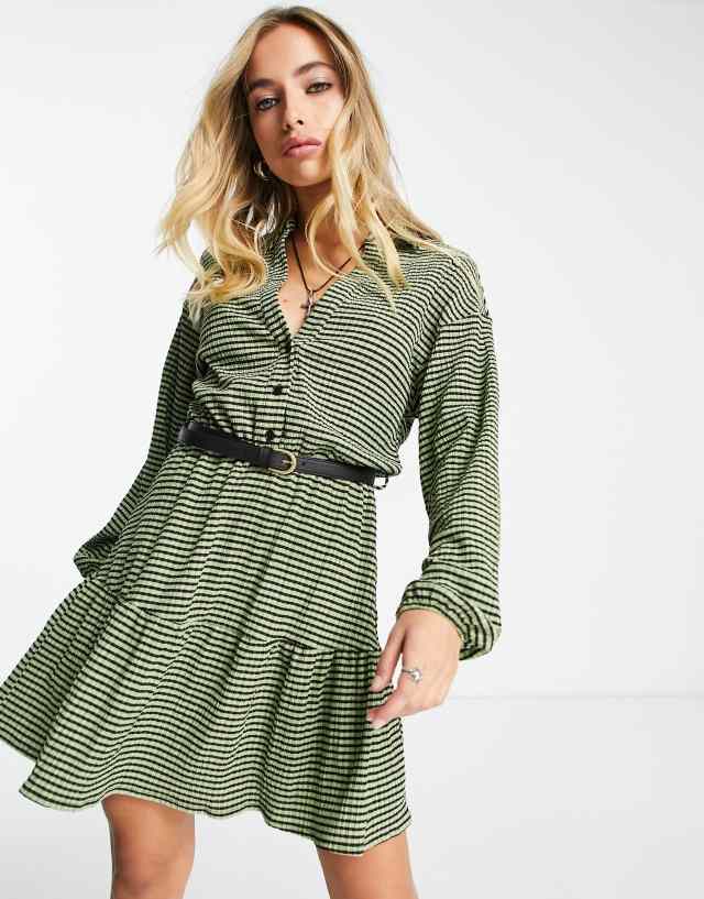 ASOS DESIGN textured long sleeve tiered mini dress with belt in green check