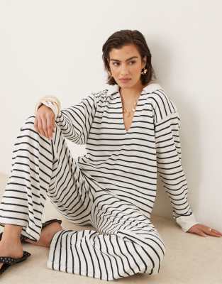 ASOS DESIGN textured long sleeve top in cream stripes-Multi