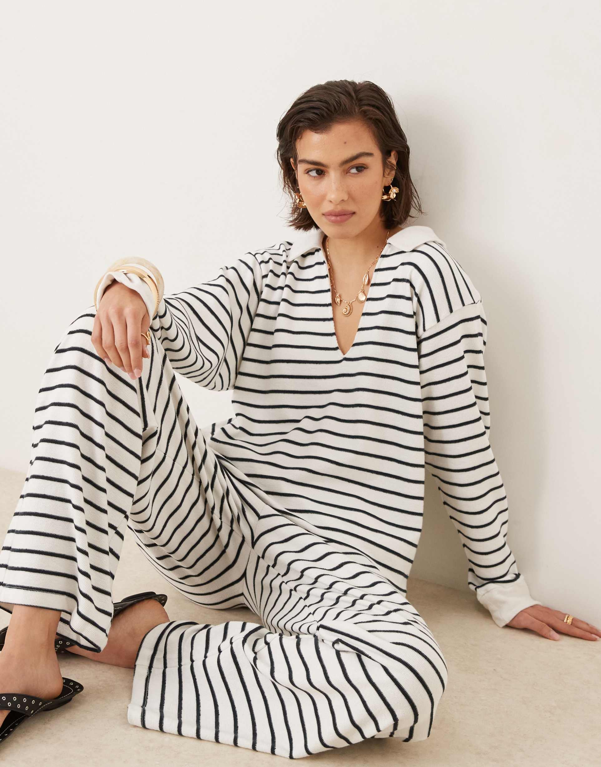 asos design textured long sleeve top in cream stripes