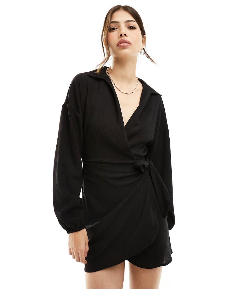 ASOS DESIGN textured long sleeve v neck wrap mini dress in black