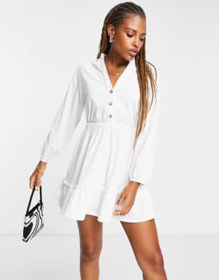 Asos Design Textured Long Sleeve Waisted Mini Shirt Dress With Tier Hem In Ecru-white