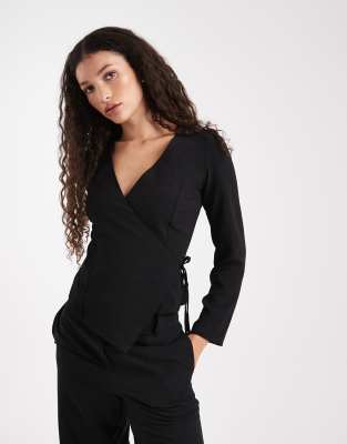 Asos Design Textured Long Sleeve Wrap Blouse-multi In Black