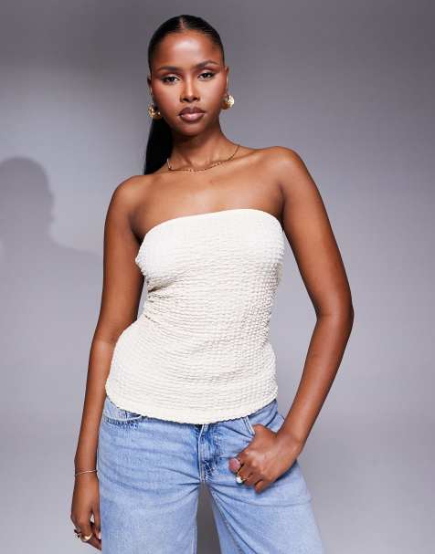 ASOS DESIGN textured longline bandeau in stone - view 1