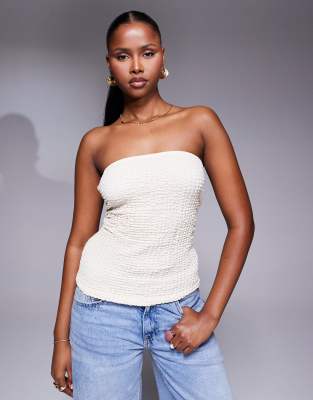 Asos Design Textured Longline Bandeau Top In Neutral