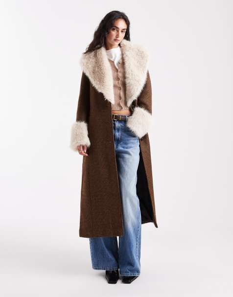 ASOS DESIGN textured longline penny lane coat with faux fur trim in brown - view 1