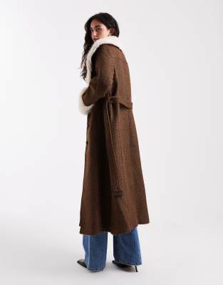 Asos Design Textured Longline Penny Lane Coat With Faux Fur Trim In Brown
