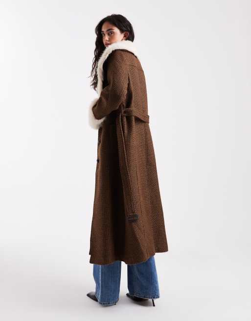 ASOS DESIGN textured longline penny lane coat with faux fur trim in brown