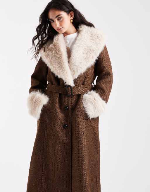 ASOS DESIGN textured longline penny lane coat with faux fur trim in brown