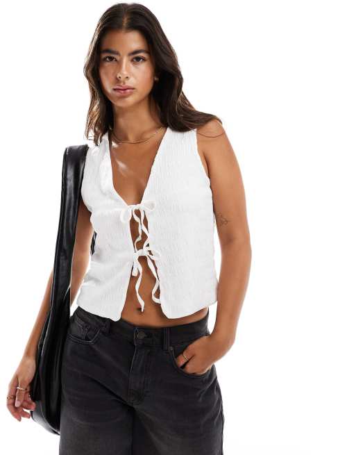 ASOS DESIGN textured longline tie front vest in white 