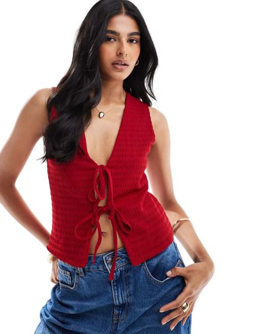 ASOS DESIGN textured longline tie vest in red