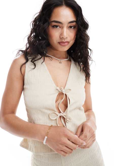 ASOS DESIGN textured longline tie waistcoat in stone (part of a set)
