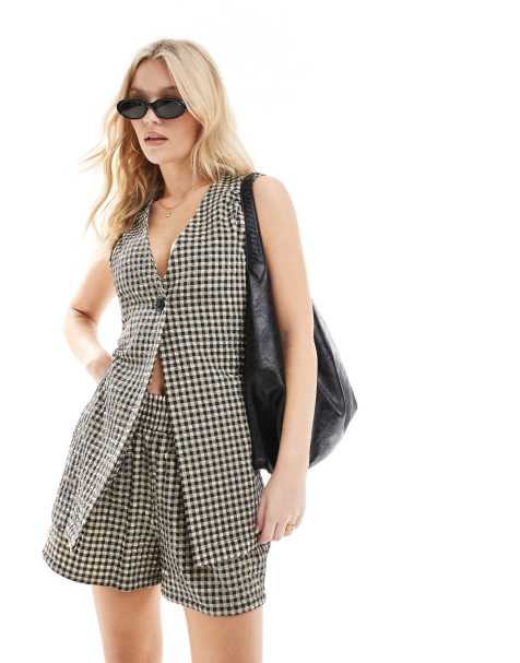 ASOS DESIGN textured longline waistcoat co-ord in gingham - view 1