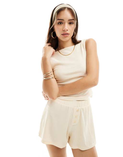 ASOS DESIGN textured low back slash neck top in ecru (part of a set)