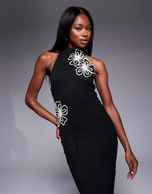 ASOS DESIGN textured maxi dress with 3D flowers in black