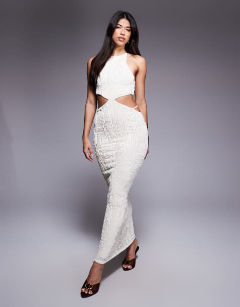 ASOS DESIGN textured maxi dress with cut outs in stone - view 1