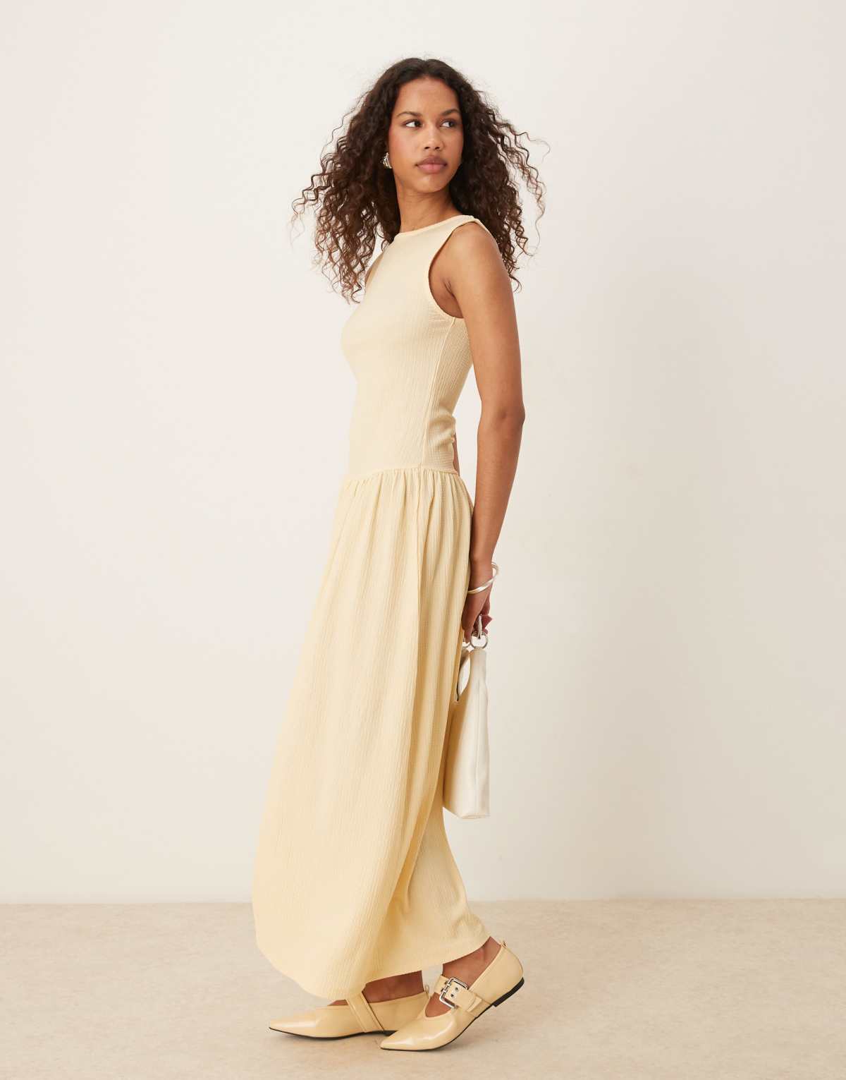 ASOS DESIGN textured maxi dress with dropped waist in ecru