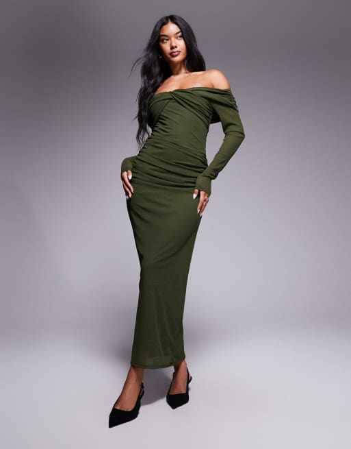 ASOS DESIGN textured mesh bardot twist front midi dress in khaki