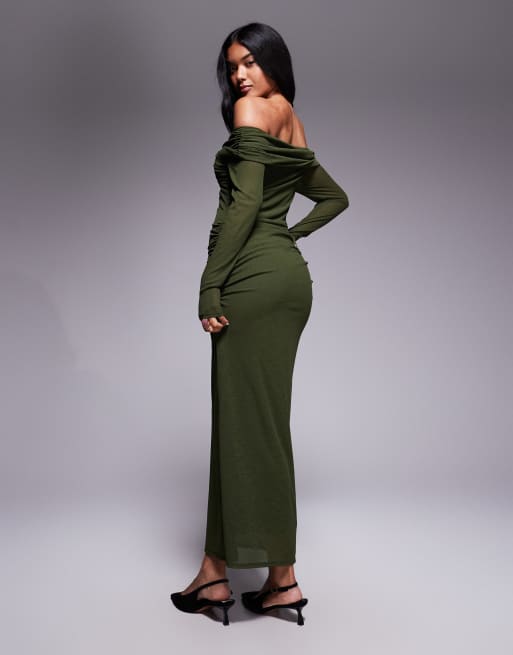 ASOS DESIGN textured mesh bardot twist front midi dress in khaki