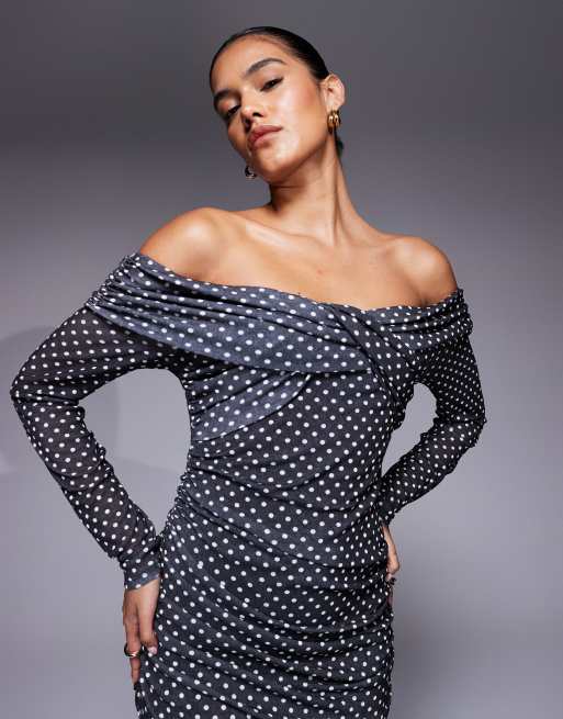 ASOS DESIGN textured mesh bardot twist front midi dress in polka