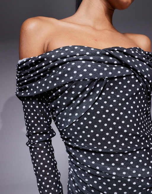 ASOS DESIGN textured mesh bardot twist front midi dress in polka dot, 3 of 4