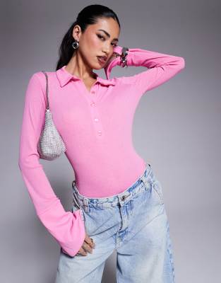 Asos Design Textured Mesh Collared Bodysuit With Cuff Detail In Pink