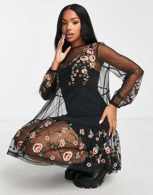 Floral embroidered sheer mesh dress sale