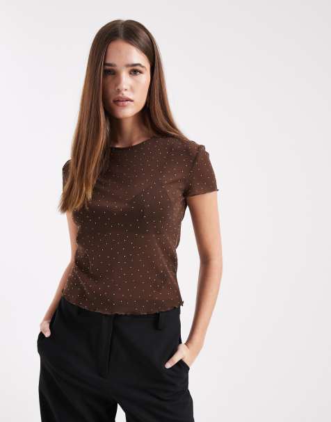 ASOS DESIGN textured mesh hotfix lettuce hem baby tee in chocolate - view 1